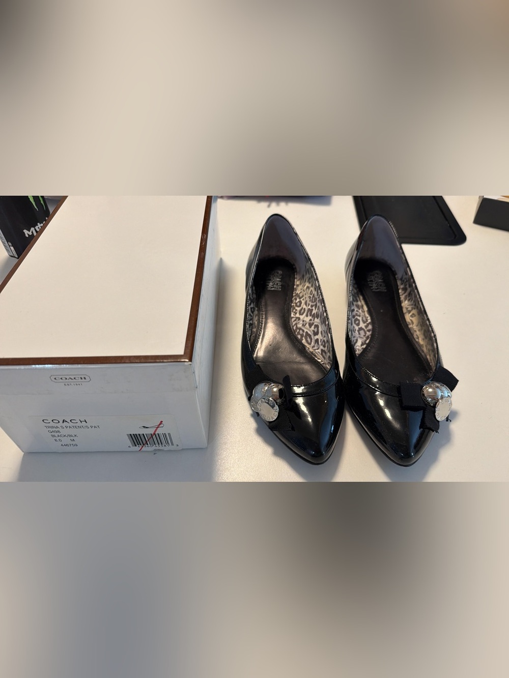 Coach Trina Black Patent Pointed-Toe Flats with Silver Buttons & Bow detail